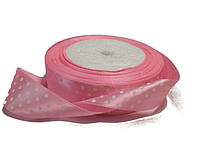 Стрічка атласна в білий горох колір - Рожевий, бобіна 23 м, ширина 2.5 см