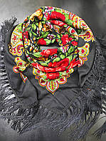 Платок палантин с бахромой в украинском народном стиле, черный Турция