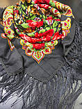 Хустка палантин з бахромою в українському народному стилі, чорний Туреччина, фото 6