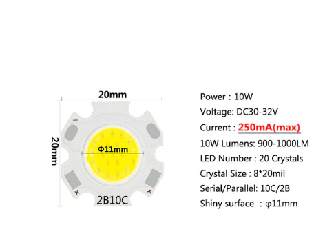 Світлодіод 10Вт 10w 900-1000LM 30-32В 2B10C холодний білий, фото 1