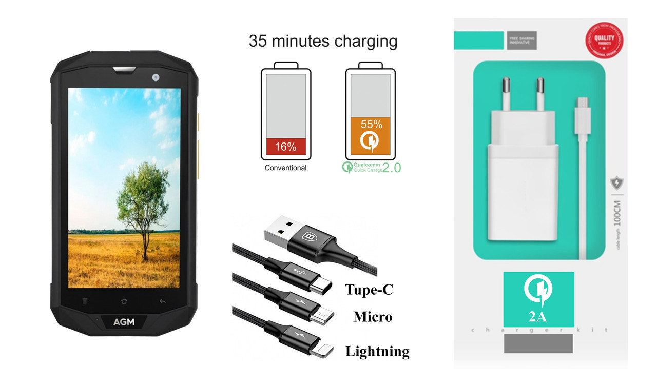 Мережевий зарядний пристрій AGM A8, Fast Charger 2.1A