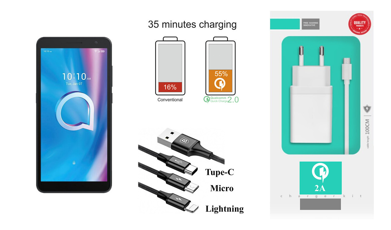 Мережевий зарядний пристрій Alcatel 1B (2020), Fast Charger 2.1A