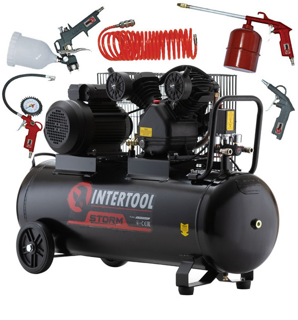 Компресор 100 л, 3 кВт, 220 В, 10 атм, 500 л/хв, 2 циліндри, STORM INTERTOOL PT-0014