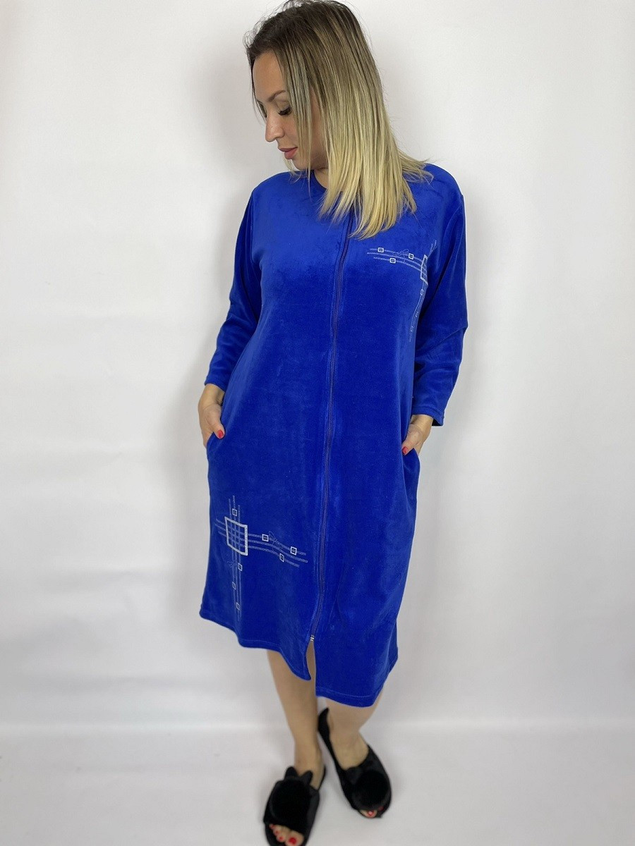 Велюровий халат жіночий домашній батал на блискавці з кишенями Електрик 48-62р.