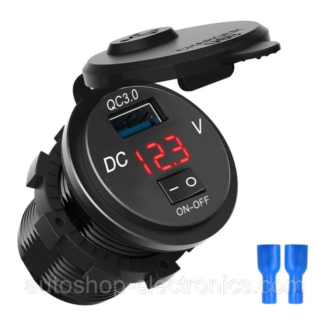 Швидка зарядка QC 3.0, 12В - 24В + Вольтметр / Адаптер живлення / Врізна розетка USB / Зарядний пристрій USB