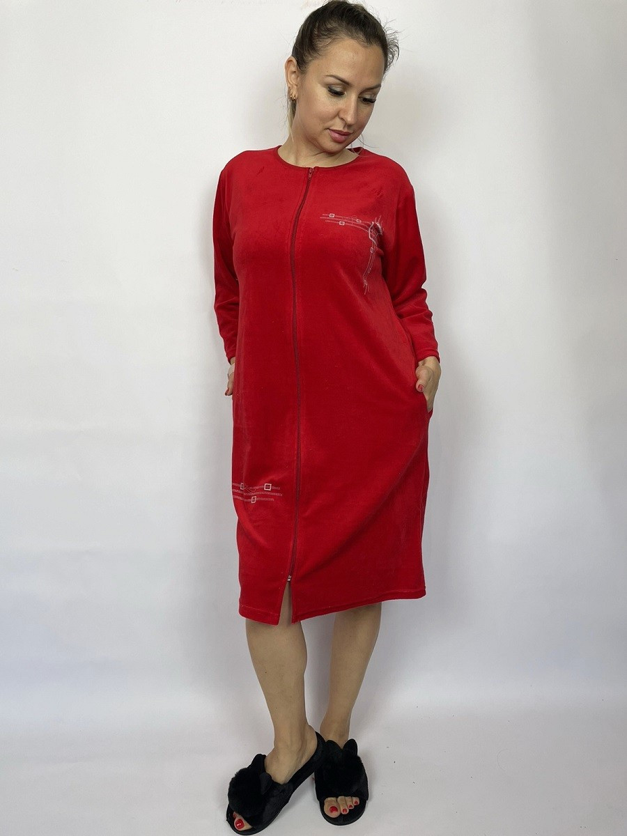 Халат велюровий домашній жіночий червоний батал на блискавці з кишенями 48-62р.