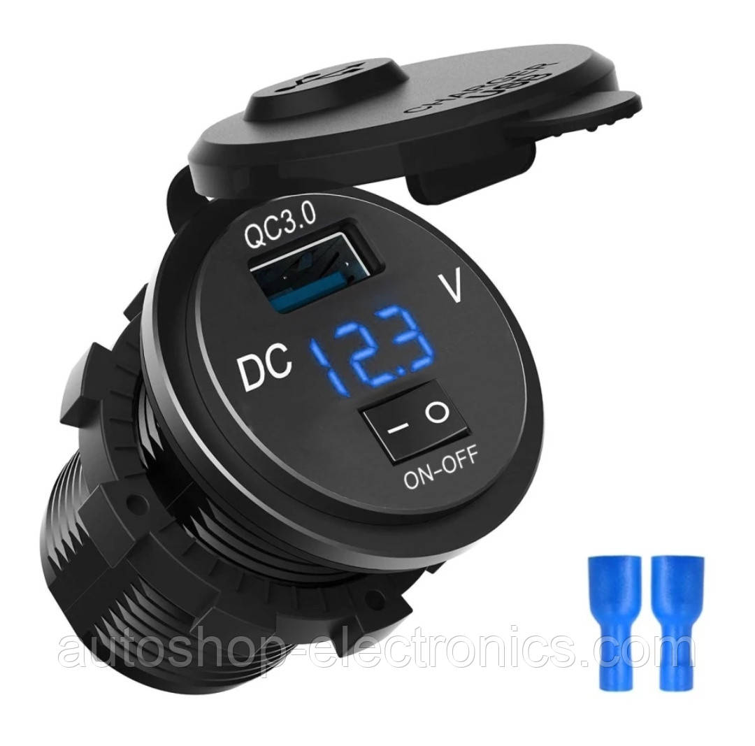 Швидка зарядка QC 3.0, 12В - 24В + Вольтметр / Адаптер живлення / Врізна розетка USB / Зарядний пристрій USB, фото 1