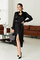 Чорне шовкове плаття міді жіноче з розрізом та довгим рукавом
