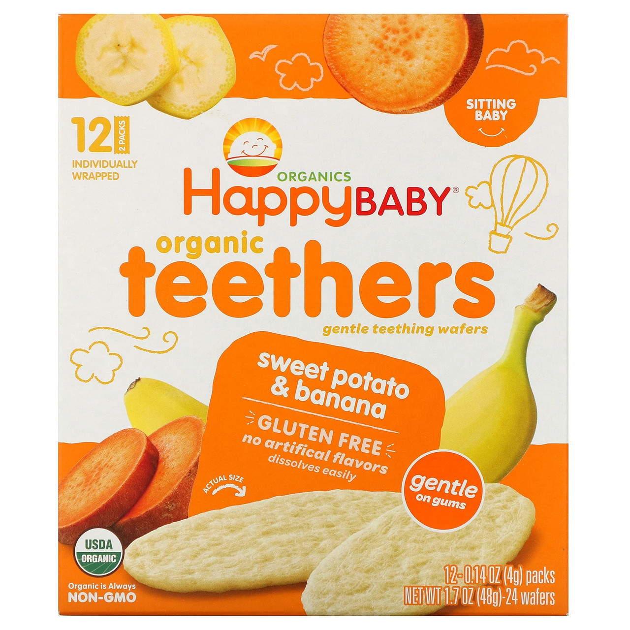 Happy Family Organics, Органічні вафлі для прорізування зубів, для малюків, батат і банан, 12 пакетиків