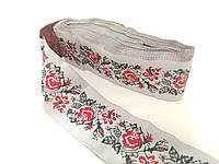 Тесьма декоративная с украинским орнаментом " Роза " В мотке 9 м. красная 3 см (30 мм), лента, текстиль,