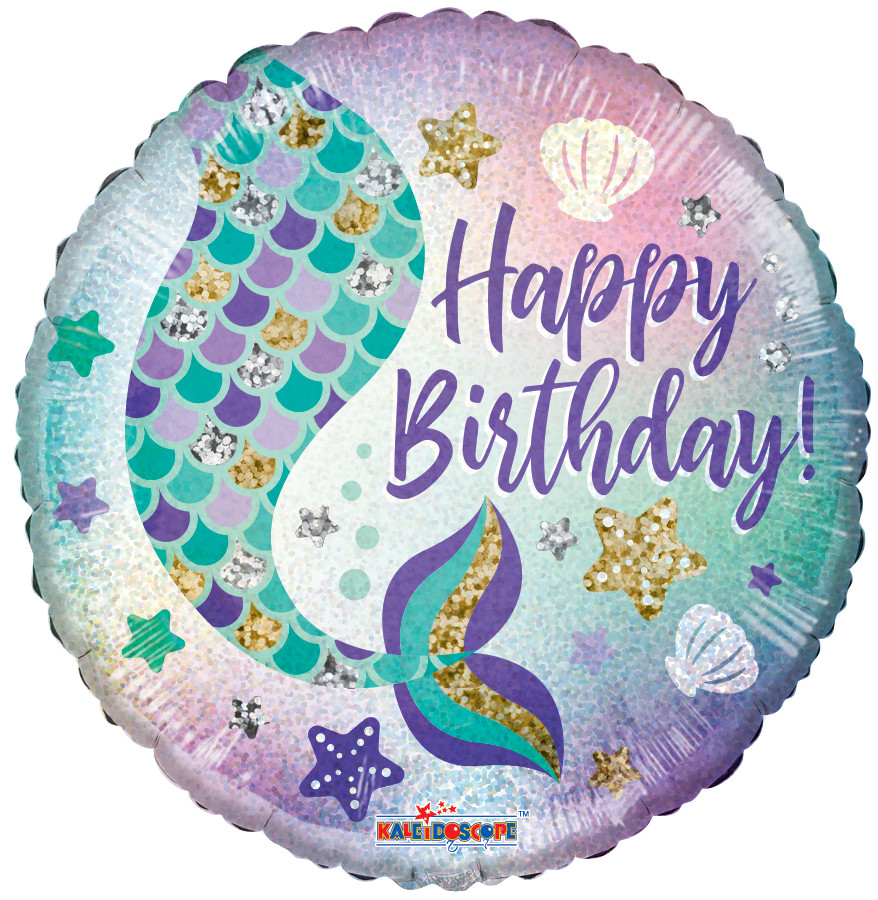 К 18" Birthday Mermaid Holographic Round Foil Balloon. Фольгований шар З Днем народження голографія