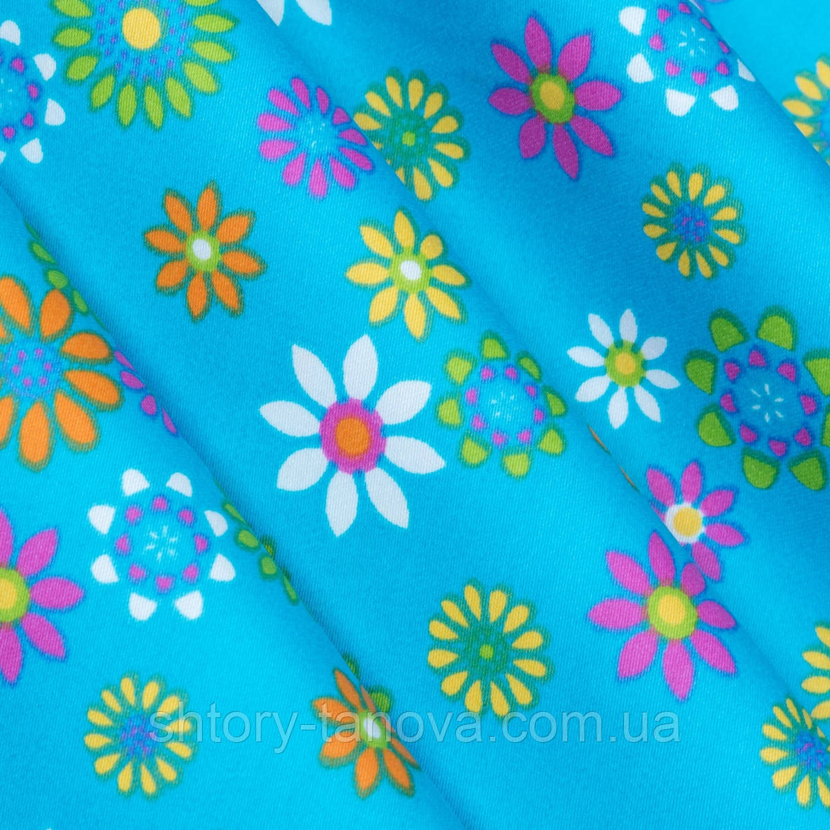 Сатинова тканина для штор в дитячу, яскраві штори в дитячу Іспанія 280 см квіточки яскравий фон блакитний, фото 1