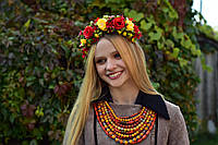 Сучасний жіночий віночок на обручі з червоними та жовтими квітами No 1229