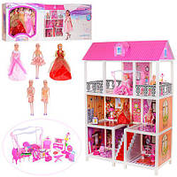 Детский трехэтажный пластиковый кукольный домик с куклами 66885