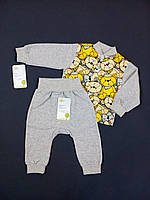 Дитячий комплект з футера кофточка + штанці HappyTot Ведмежата 68см сірий з жовтим 930фН
