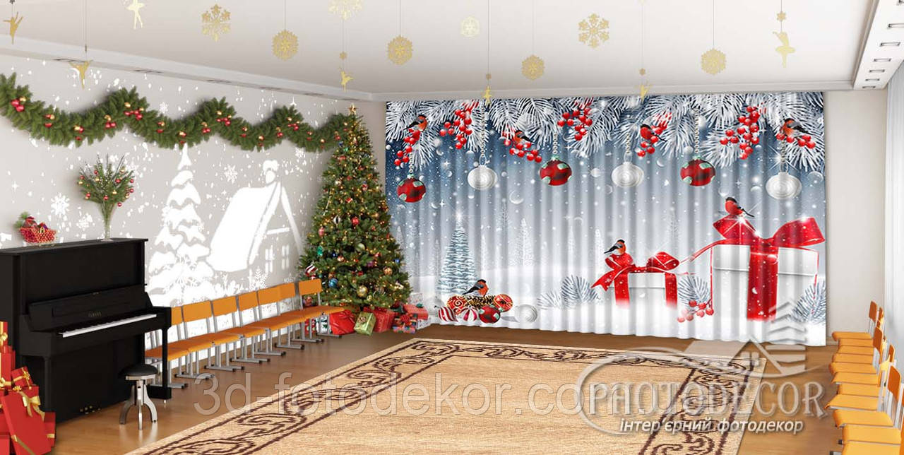 Новорічні Фото Штори в дитячий сад "Будиночок сніговиків в лісі"