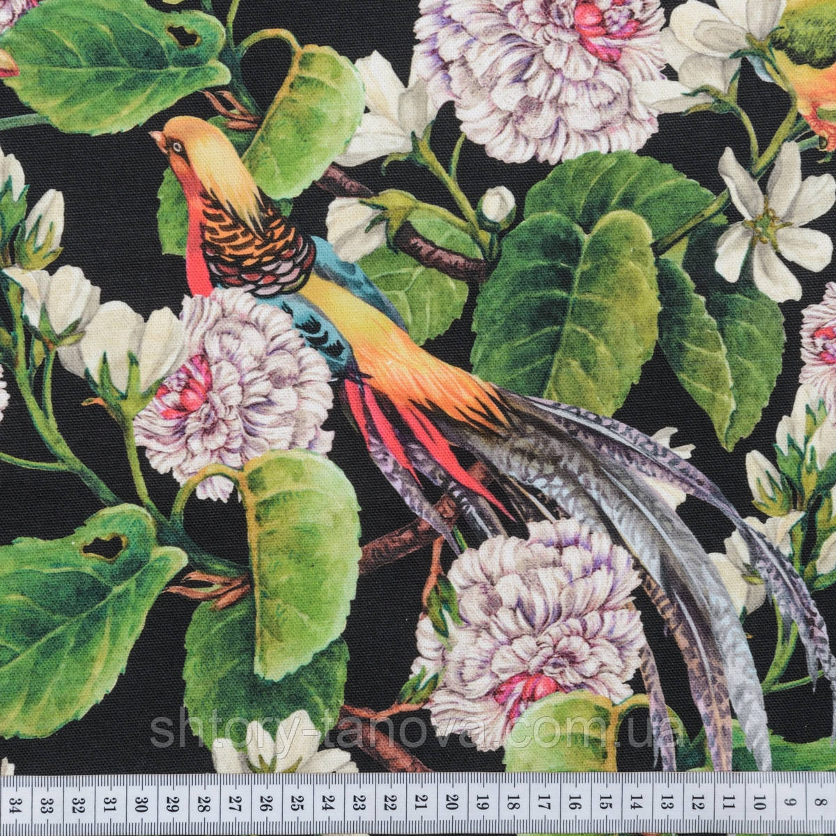 Тканина для штор з квітковим принтом, тканина бавовна для штор, чорна порт'єрна тканина Італія 290 см фон чорний, фото 1