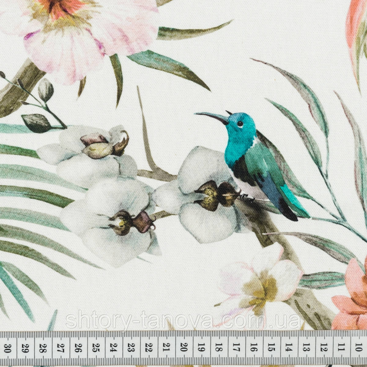 Штори колібрі, тканина для штор з колібрі, тканина з птахами, штори в зал, спальню Італія 290 см квіти оранж, фото 1