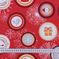 Новогодня принт на тканині, тканина для новорічної скатертини і серветок 280 см Іграшки , фон червоний