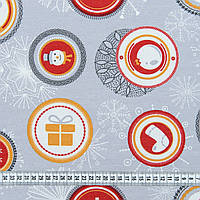 Новогодняя ткань для подушек, скатерти на метраж. Новогодняя ткань 280 см Игрушки , фон серый
