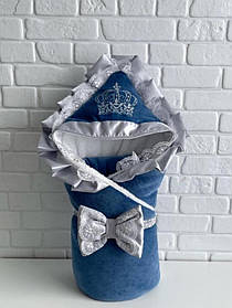 Зимовий конверт - ковдра з мереживом на виписку з пологового будинку для новонародженого Чарівність розмір 85х85 см Lari Синій