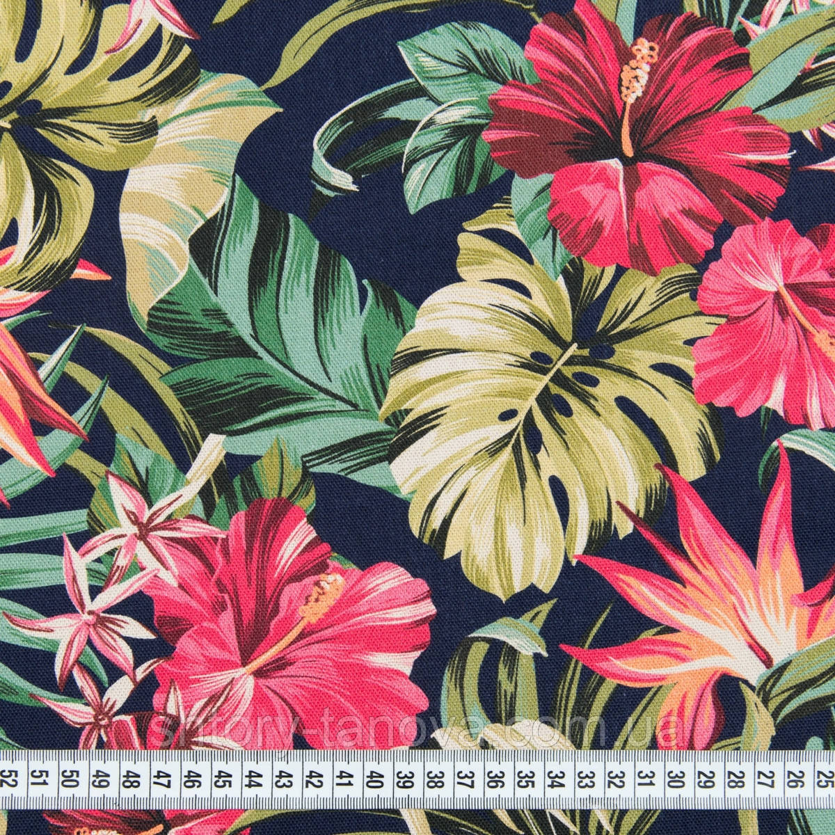 Тканини для штор з яскравими листям, тканина для римських штор, портьєр листя темний Іспанія 280 см фон т. синій, фото 1