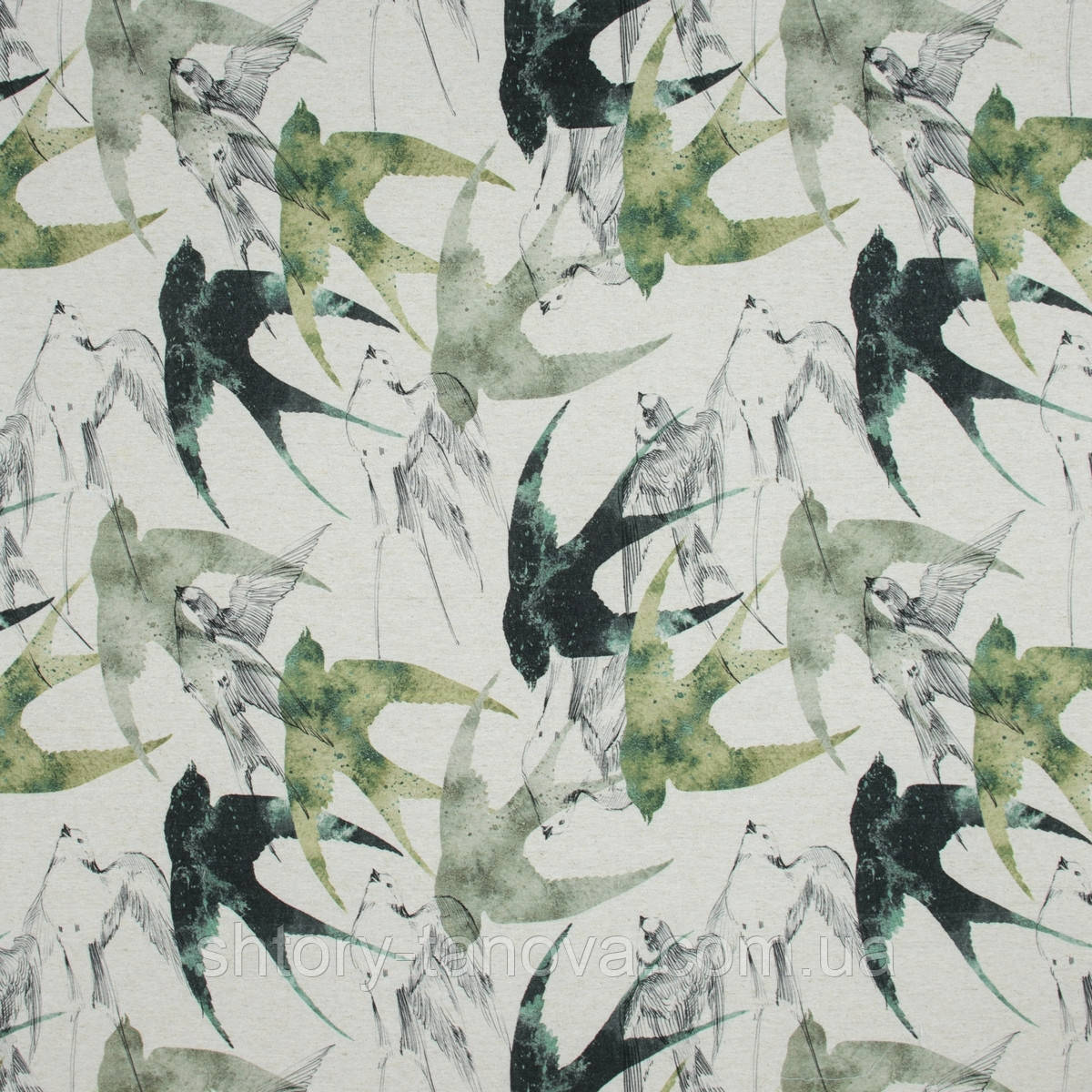 Штори з ластівками, тканина для штор з птахами, штори льон Іспанія 280 см зелений, сірий, фото 1