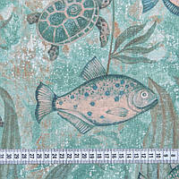 Шторы в морском стиле, шторы с рыбками, ткань для штор аквариум Испания 280 см св. бирюза