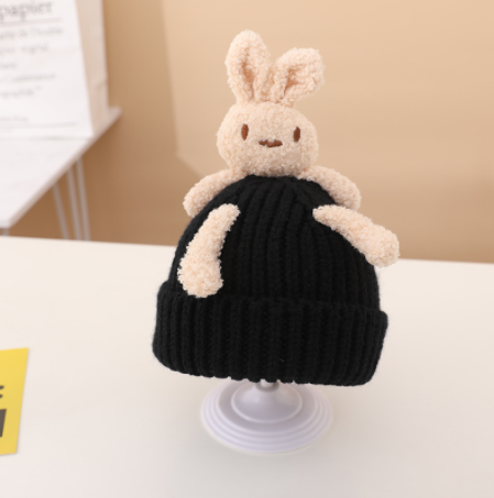Дитяча шапка з зайчиком/шапка для дівчинки/ шапка для хлопчика/шапка дитині/чорна шапка
