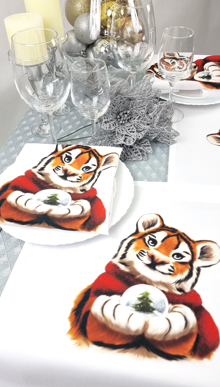 Серветка тканинна "Новорічна Тигреня 2022" №3, (сервірувальна 40х40см, Білий)