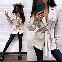 Стильний піджак із замші з кишенями та поясом