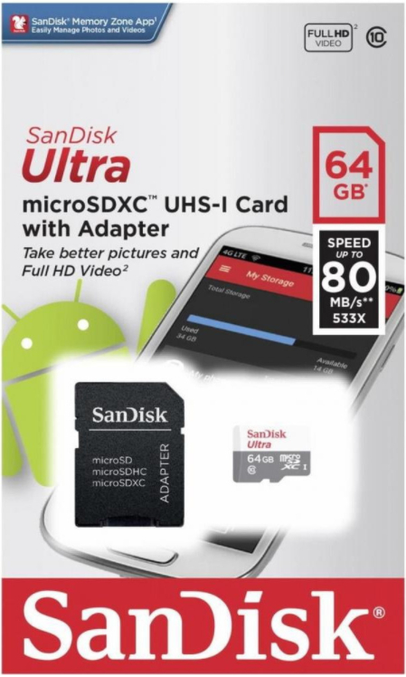 Карта пам'яті Sandisk microSDXC 64GB Ultra Class 10 UHS-I 100MB/s + Adapter (SDSQUNR-064G-GN3MA)