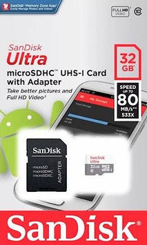 Карта пам'яті microSD Sandisk 32GB Ultra Class 10 UHS-I 100MB/s + Adapter (SDSQUNR-032G-GN3MA)