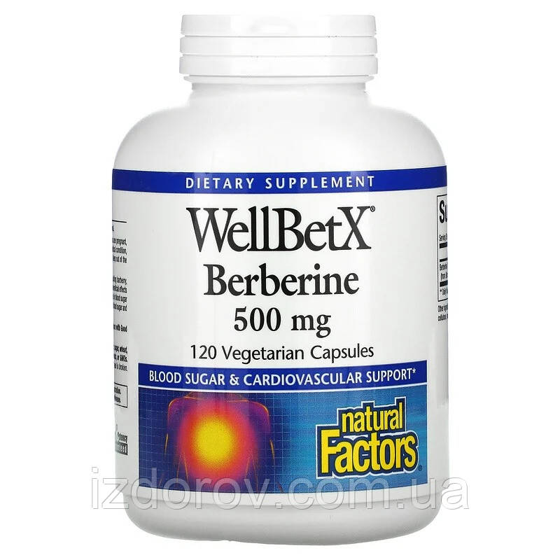 Берберин 500 мг Natural Factors WellBetX для підтримки цукру в крові 120 вегетаріанських капсул