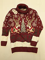 В'язаний бордовий светр з оленями для дівчаток 6-7,8-9,10-11, 12-13 років