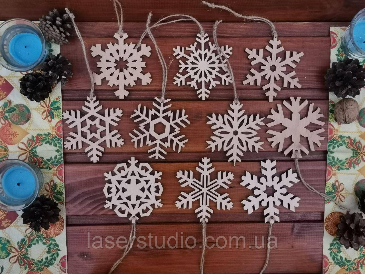 Дерев'яні Новорічні іграшки Сніжинки Фанера, фото 1