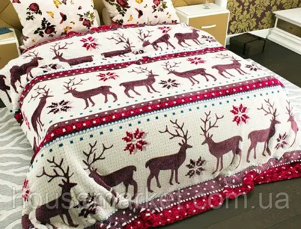 Плед покривало " Новорічні олені" 200х220 см, мікрофібро - фото 1 - id-p1513321893