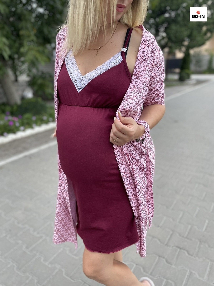 Комплект жіночий нічна сорочка та халат у пологовий мереживо бордовий 44-54р.