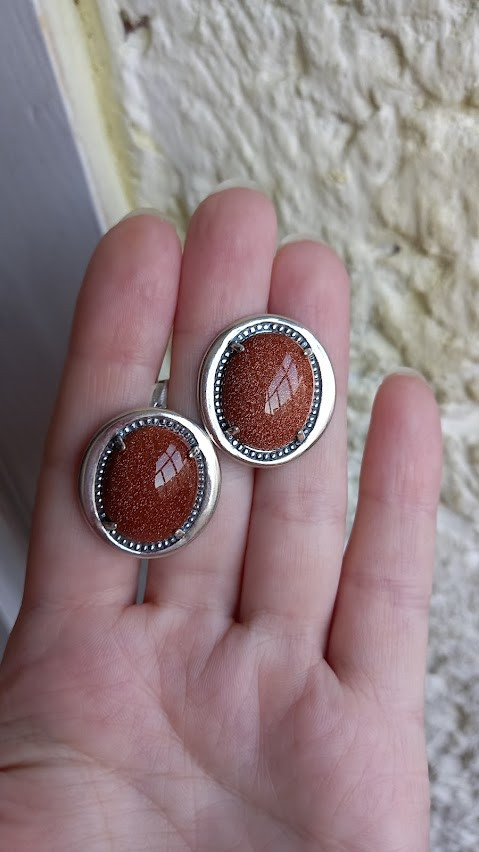 Срібні сережки з авантюрином "золотий пісок" овальної форми, фото 1