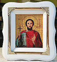 Икона святой мученник Максим в белом фигурном деревянном киоте под стеклом, размер киота 19*17, лик 10*12