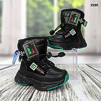 Чобітки дутики дитячі для хлопчика спортивного плану чорні на овчині, фото 2