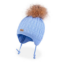 Зимова шапка для хлопчика з помпоном з натурального хутра єнота TuTu 41 арт. 3-005737( 40-44, 44-48)) 44-48 див., Блакитний