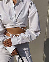 Жіноча біла сорочка коротка з зав'язками - плетіннями на талії (р. 42-44) 77mru545, фото 1