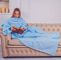 Согревающее одеяло плед халат с рукавами для чтения и карманами, рукоплед теплый флисовый голубой 180х150 см