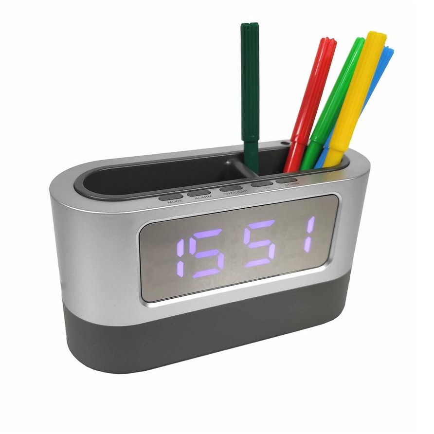 Электронные часы подставка для ручек USB 038 7334 серый с термометром