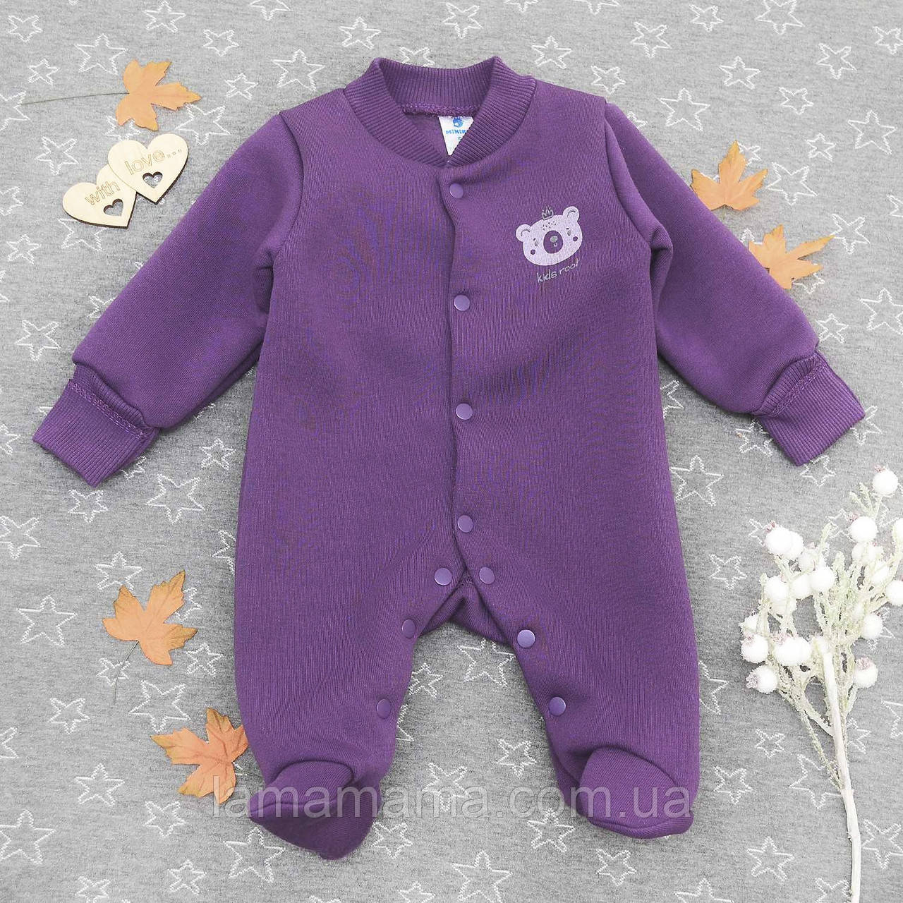 Теплий комбінезон (трьохнитка з начосом) Ведмедик фіолет Minikin До 62 см, фото 1