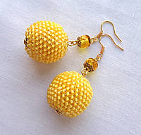 Желтые серьги шарики из бисера ручной работы "Солнечный лучик"