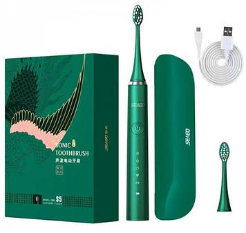 Звукова електрична зубна щітка для дорослих Змінні насадки 2 шт 5 режимів USB Seago Sonic Зелена