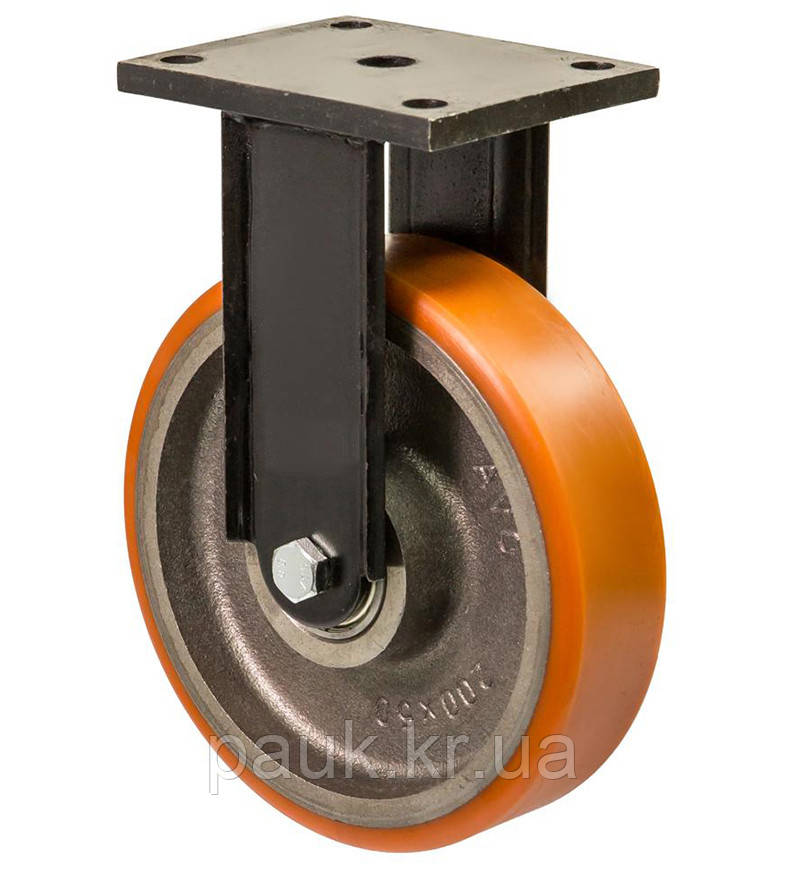 Колесо 5507-Н-250-B, Ø 250 мм, 55 Hard, неповоротне колесо посилене з кронштейном, великовантажне колесо з чавуну, фото 1