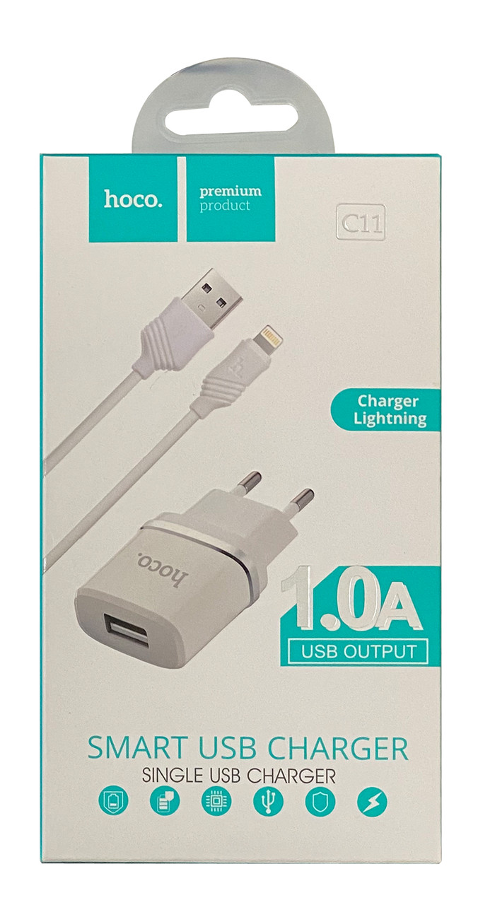 Сетевое зарядное устройство (СЗУ) USB Hoco C11 (1A) + iPhone Белый - фото 1 - id-p1508891124